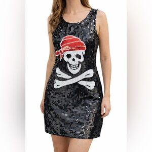 Sequin Pirate Skull Tank Dress - Black with Red Accent